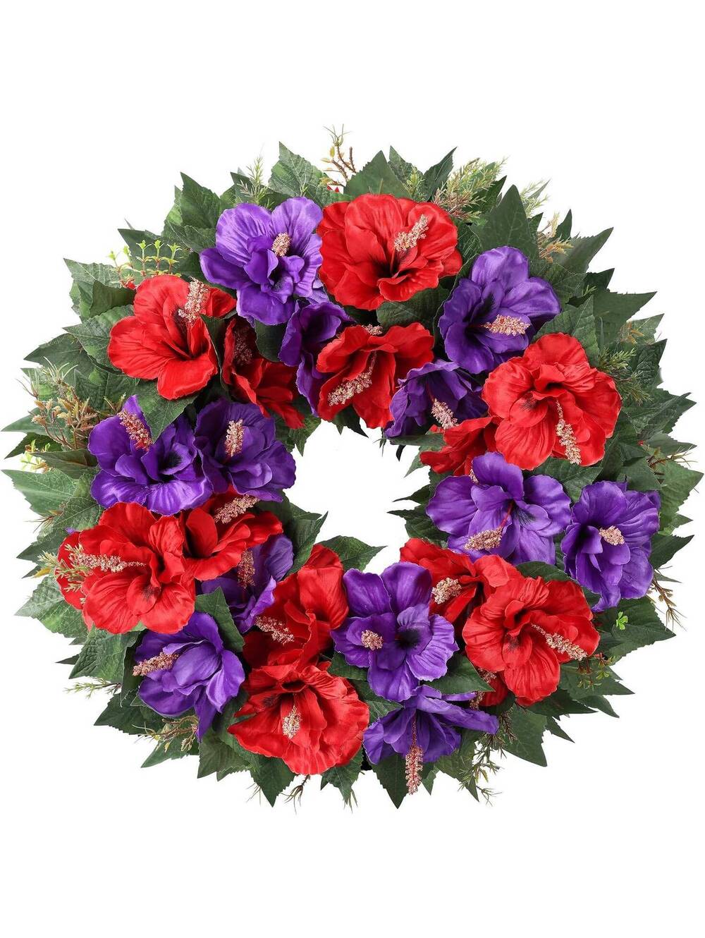 Artificial Hibiscus Spring Wreath 17.7", Purple and Red, Floral, Home Decor